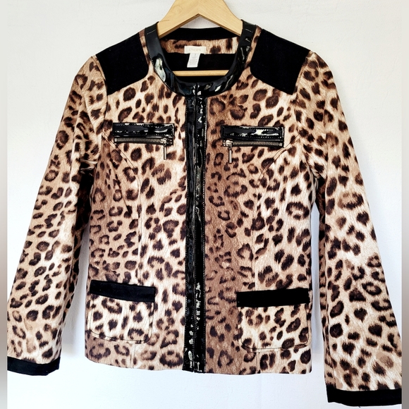 Chico's Matilda Women's Animal Print Jacket with Patent Leather Trim Size 1/ Med - Picture 2 of 15
